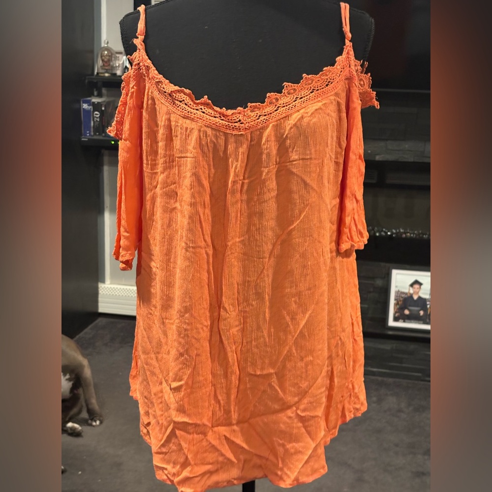 Cold-Shoulder Crochet Trim Tunic Top - Orange